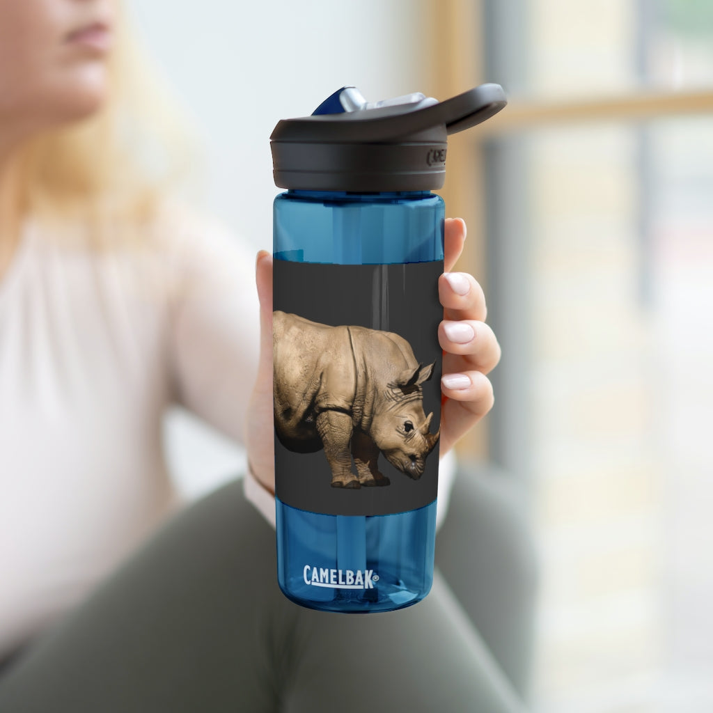 Rhino CamelBak Eddy® Water Bottle in 20oz and 25oz sizes, showcasing its durable Tritan™ material and spill-proof design.